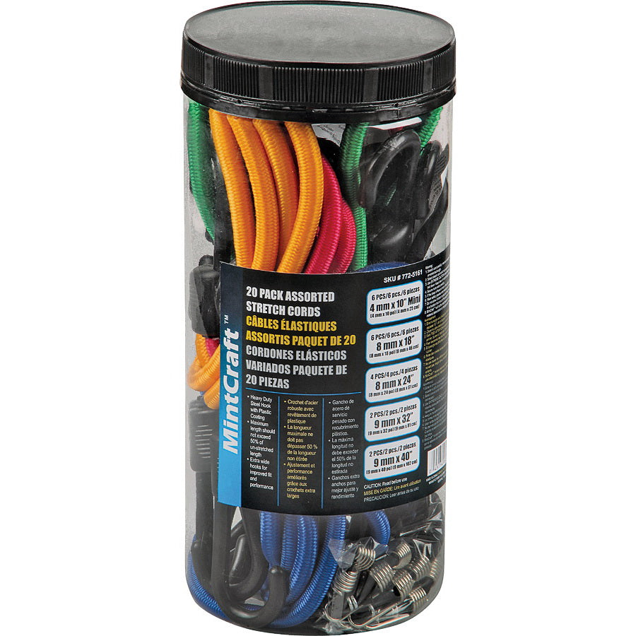 ProSource FH64030 Bungee Stretch Cord Set, Polypropylene, Black/Blue/Red/Green/Yellow, Hook End