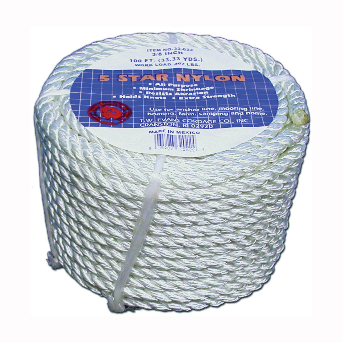 T.W. Evans Cordage 32-003 Rope, 1/2 in Dia, 50 ft L, Nylon, Natural White