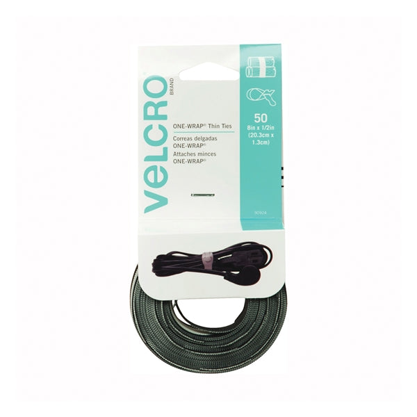VELCRO Brand One Wrap 90924 Fastener, 1/2 in W, 8 in L, Black/Gray