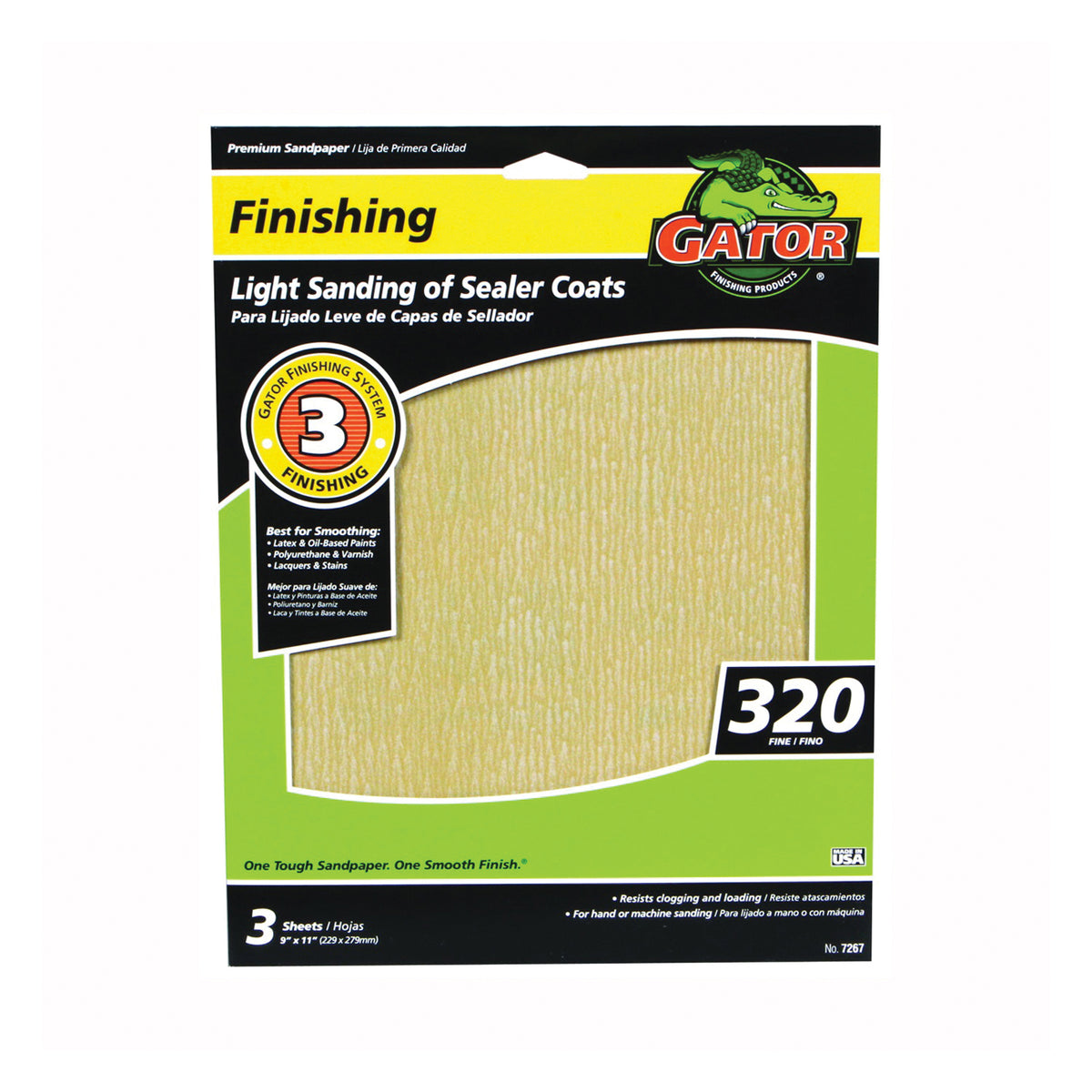 Gator 7267 Sanding Sheet, 11 in L, 9 in W, 320 Grit, Very Fine, Aluminum Oxide Abrasive