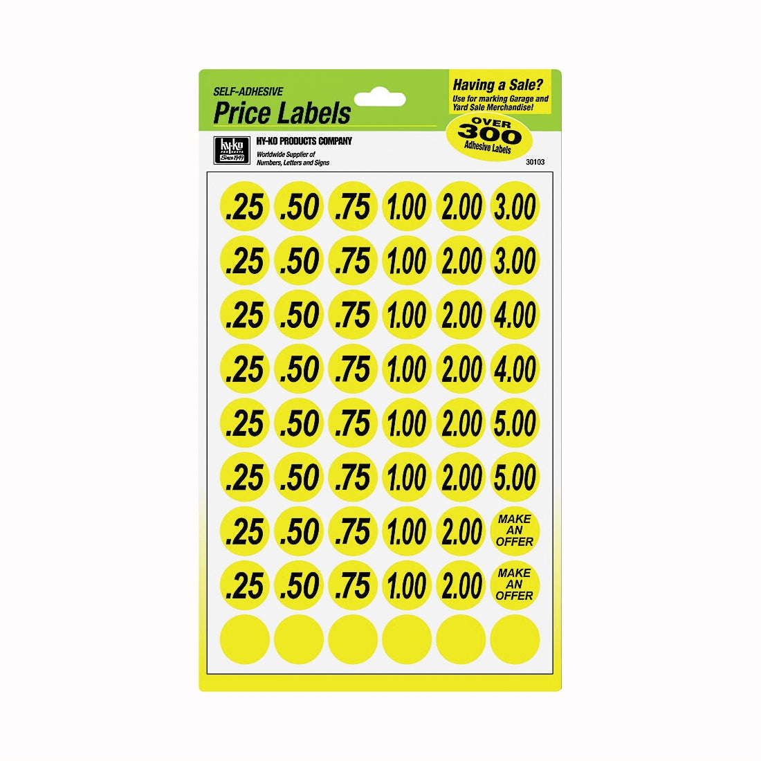 HY-KO 30103 Price Label, Black Legend, Yellow Background