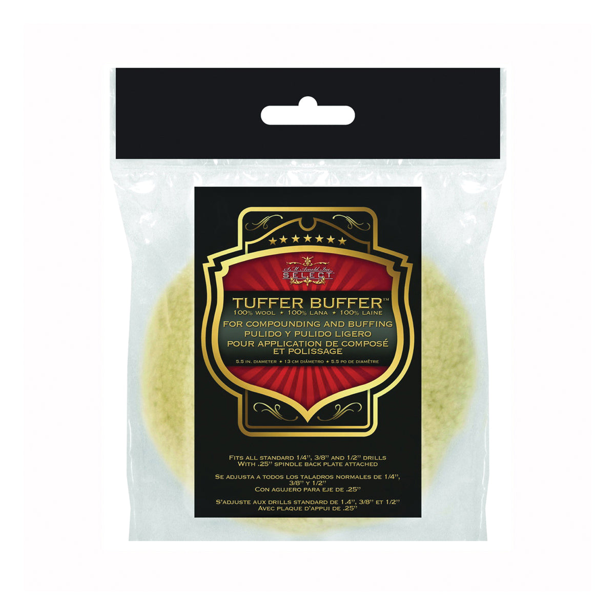 SM ARNOLD 0055 Buffing Pad, 5-1/2 in Dia, 1 in Thick, 1/4 in Arbor, Twisted 4-Ply Yarn