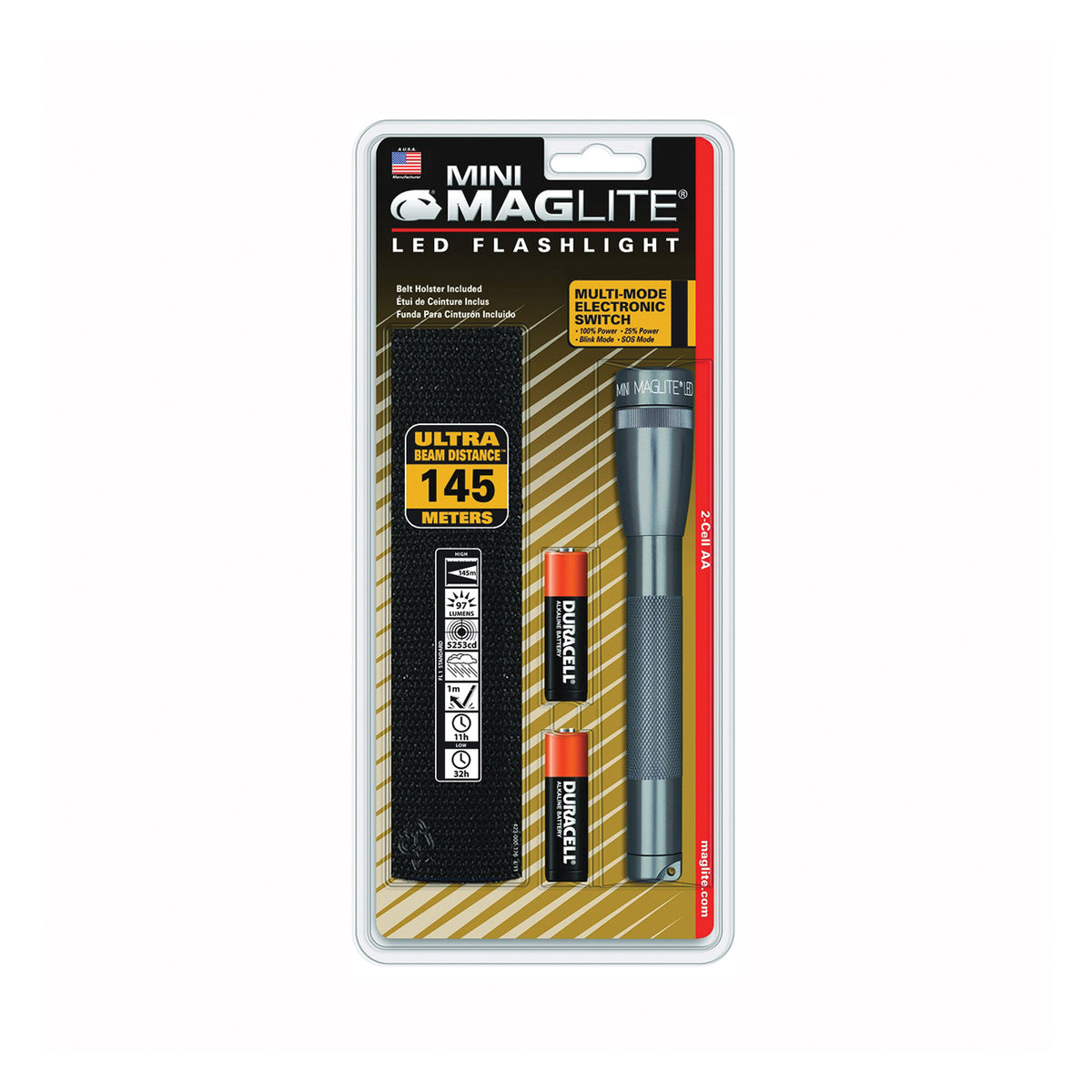 MAGLITE SP2209H Handheld Flashlight, AA Battery, Alkaline Battery, LED Lamp, 69 Lumens, Flood to Spot Beam, Gray