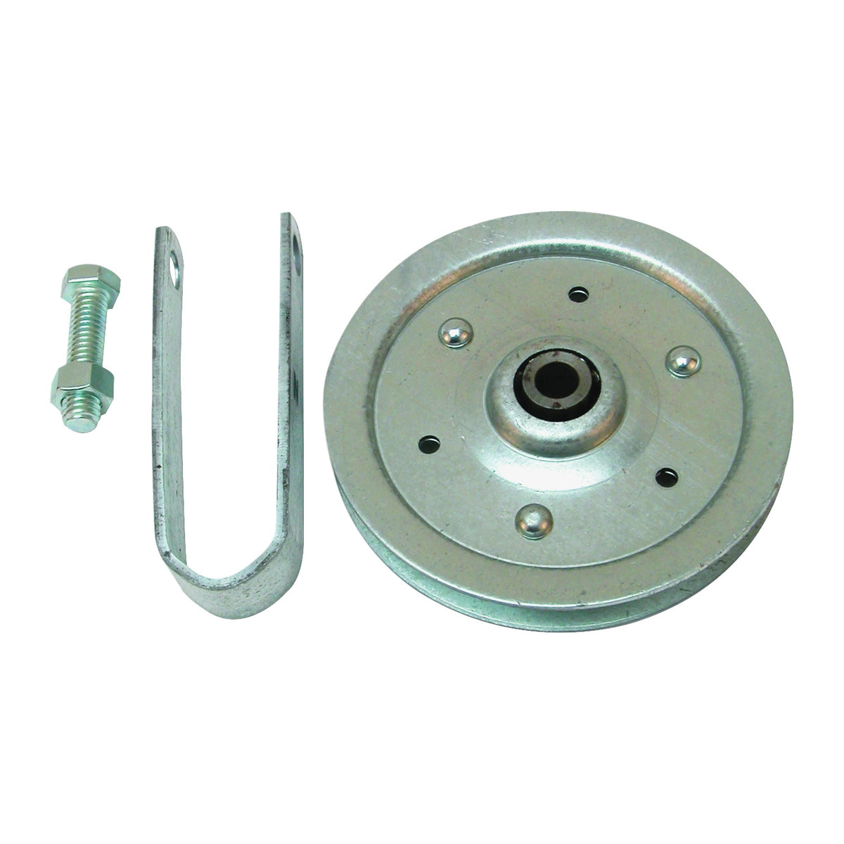 Prime-Line GD 52108 Pulley with Strap and Axle Bolt, 4 in Dia, 3/16 in Dia Bore, Galvanized Steel