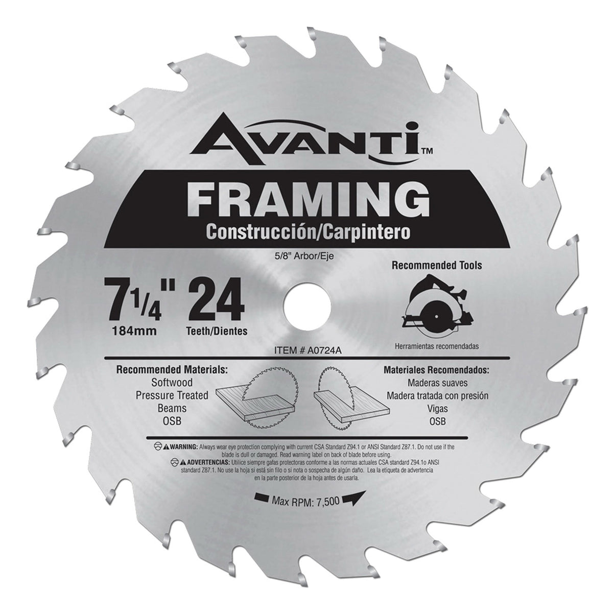 Diablo A0724A Circular Saw Blade, 7-1/4 in Dia, 5/8 in Arbor, 24-Teeth, Carbide Cutting Edge