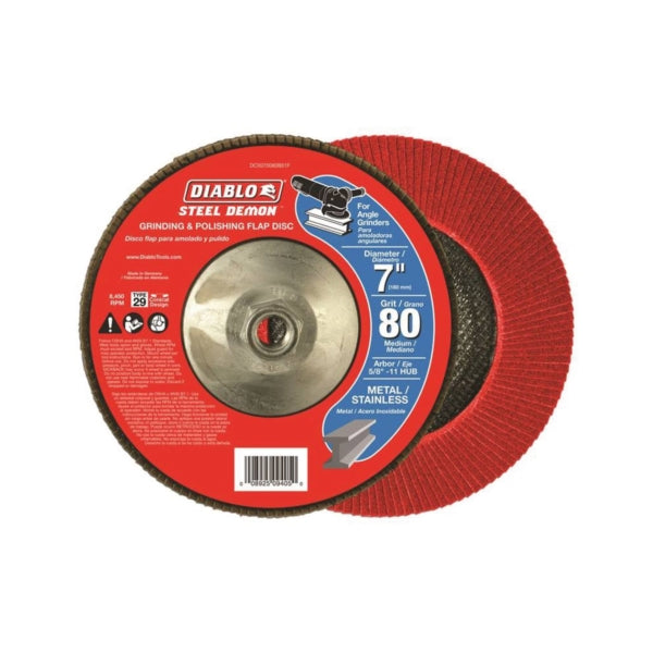Diablo Steel Demon DCX070080B01F Flap Disc with Hub, 7 in Dia, 5/8-11 Arbor, 80 Grit, Medium, Zirconia Abrasive