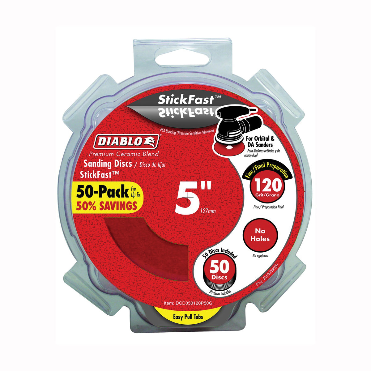 Diablo DCD050120P50G Sanding Disc, 5 in Dia, 120 Grit, Fine, Ceramic Abrasive, Pressure-Sensitive Adhesive Backing