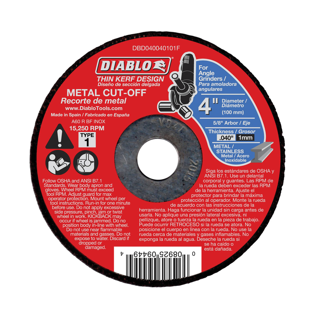 Diablo DBD040040101F Cut-Off Wheel, 4 in Dia, 0.04 in Thick, 5/8 in Arbor, Aluminum Oxide Abrasive