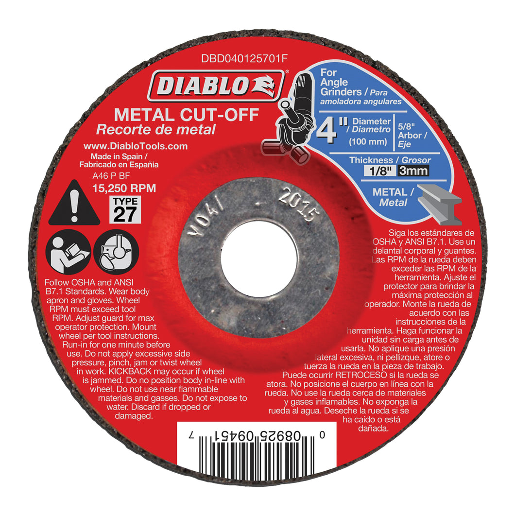 Diablo DBD040125701F Cut-Off Wheel, 4 in Dia, 1/8 in Thick, 5/8 in Arbor, Aluminum Oxide Abrasive