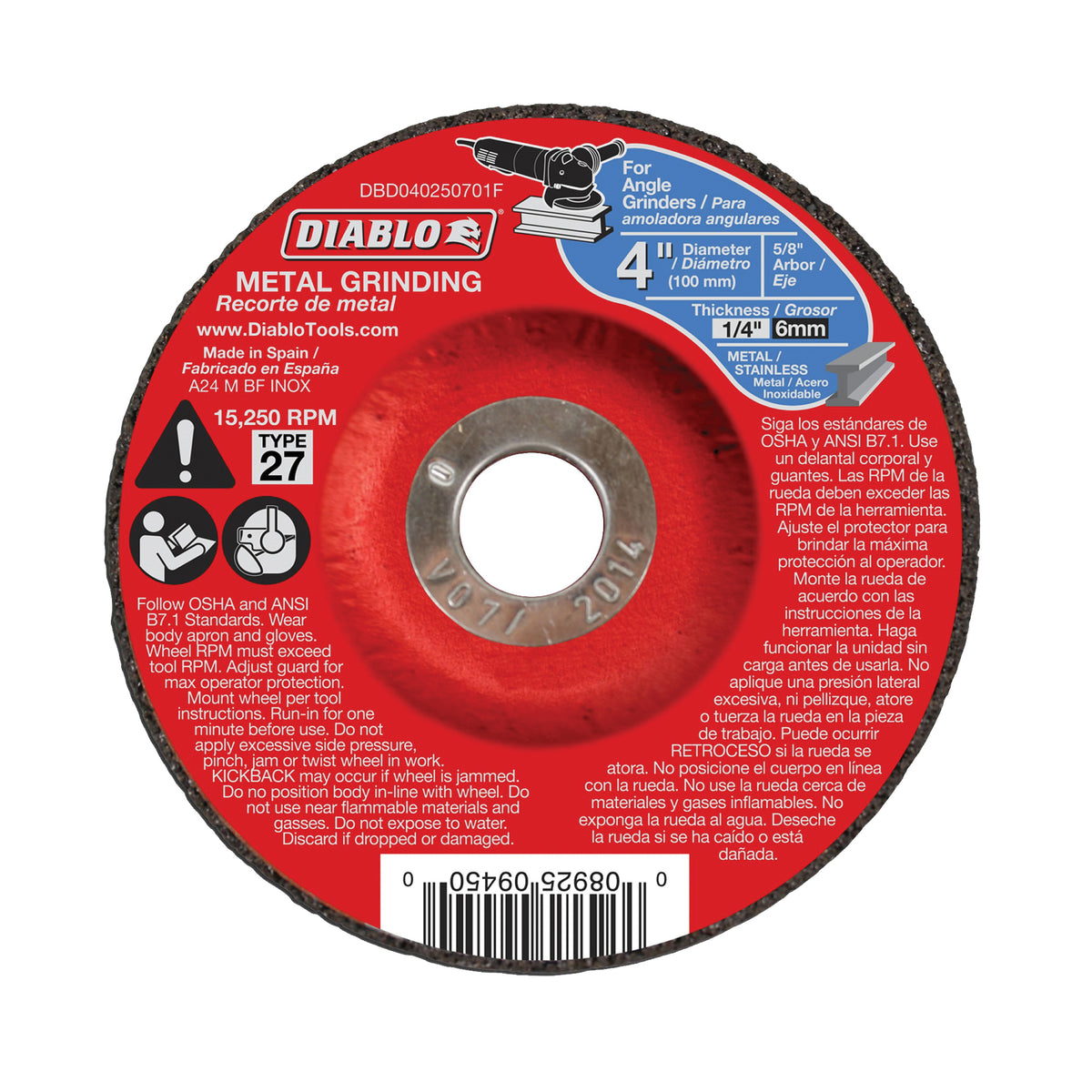 Diablo DBD040250701F Grinding Wheel, 4 in Dia, 1/4 in Thick, 5/8 in Arbor, Aluminum Oxide Abrasive