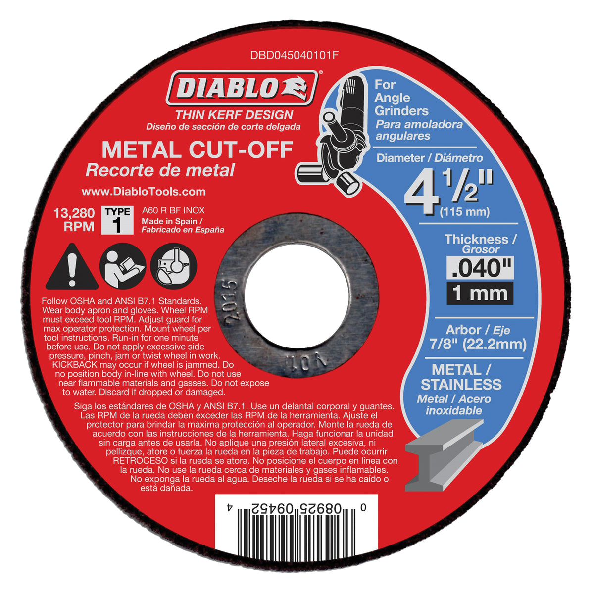 Diablo DBD045040101F Cut-Off Wheel, 4-1/2 in Dia, 0.04 in Thick, 7/8 in Arbor, Aluminum Oxide Abrasive