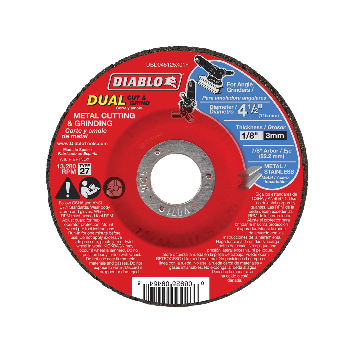 Diablo DBD045125X01F Cut and Grind Wheel, 4-1/2 in Dia, 1/8 in Thick, 7/8 in Arbor, Aluminum Oxide Abrasive