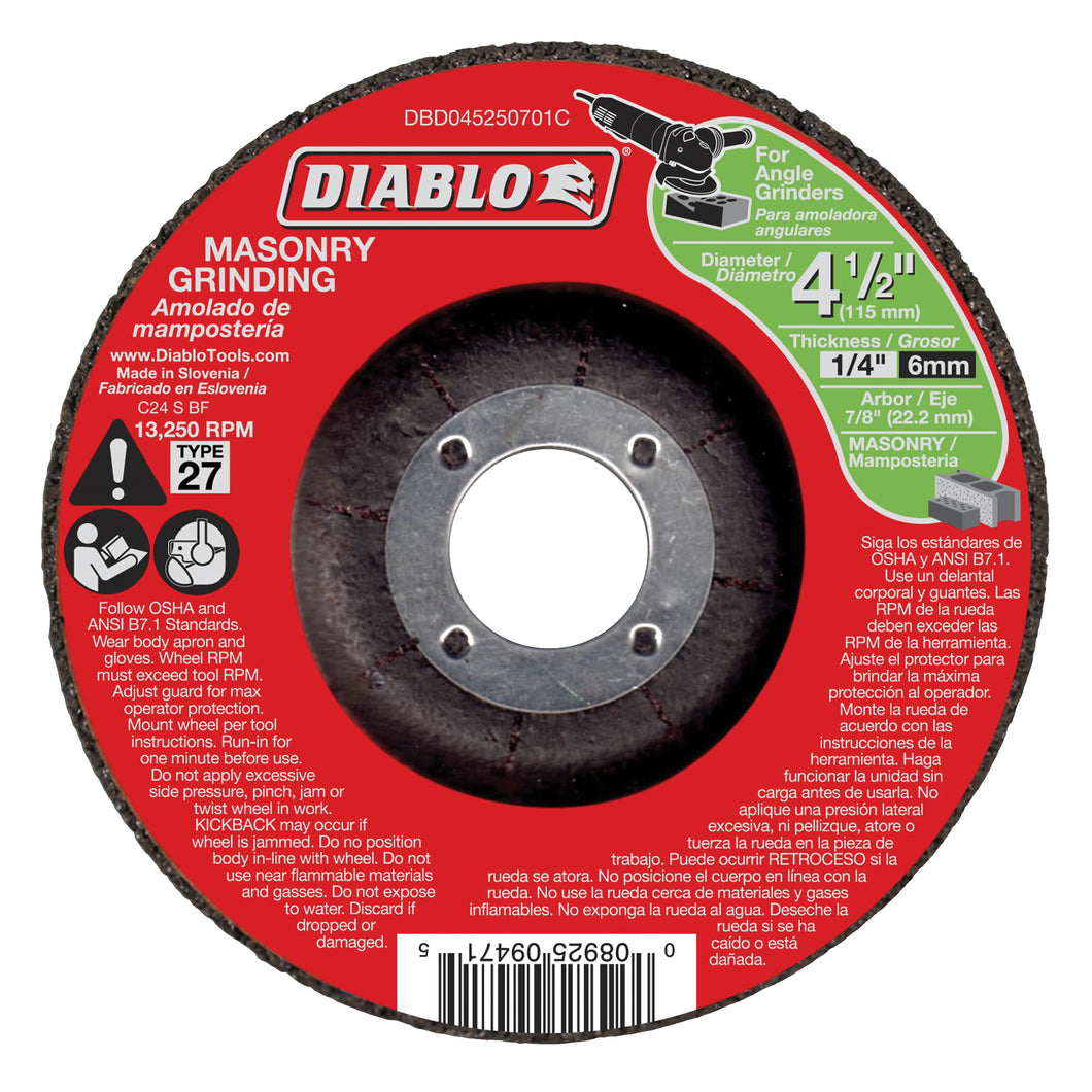 Diablo DBD045250701C Grinding Wheel, 4-1/2 in Dia, 1/4 in Thick, 7/8 in Arbor, Aluminum Oxide Abrasive