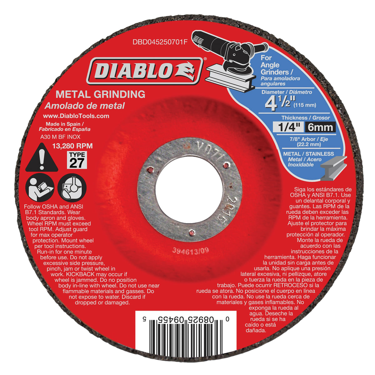 Diablo DBD045250701F Grinding Wheel, 4-1/2 in Dia, 1/4 in Thick, 7/8 in Arbor, Aluminum Oxide Abrasive