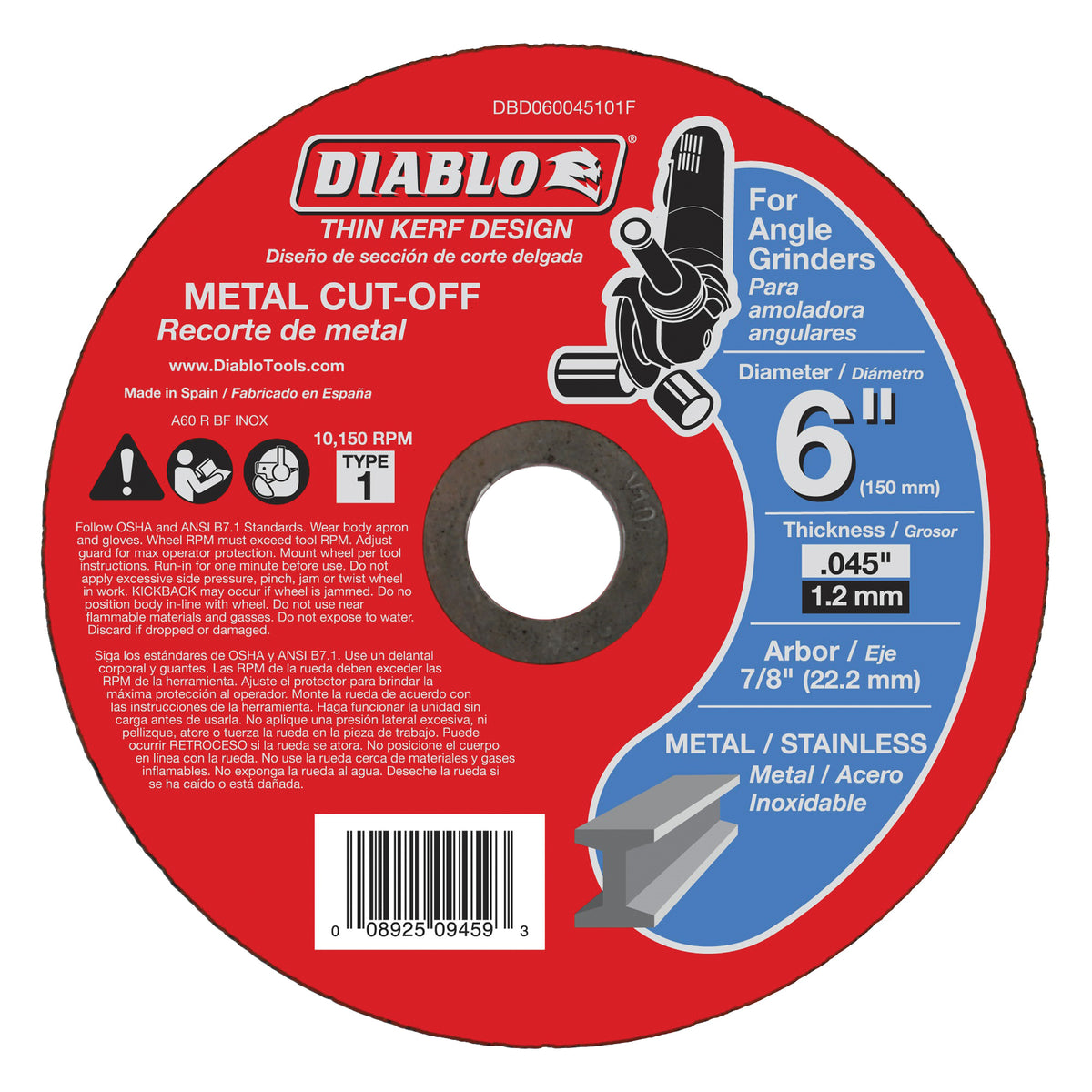 Diablo DBD060045101F Cut-Off Wheel, 6 in Dia, 0.04 in Thick, 7/8 in Arbor, Aluminum Oxide Abrasive