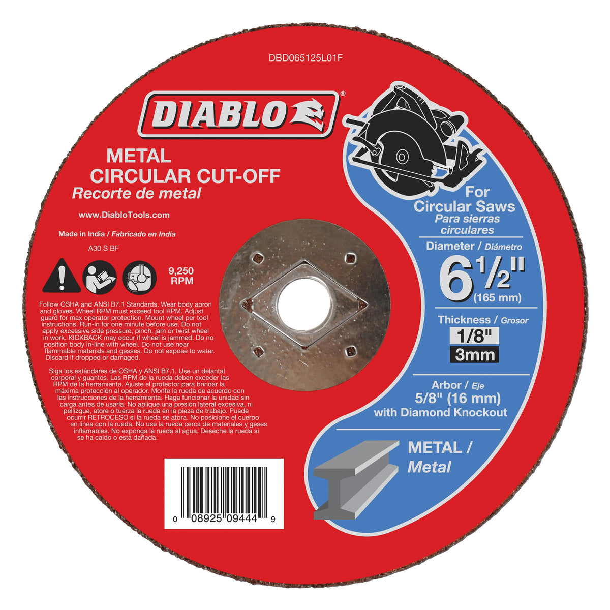 Diablo DBD065125L01F Cut-Off Wheel, 6-1/2 in Dia, 1/8 in Thick, 5/8 in Arbor, Aluminum Oxide Abrasive