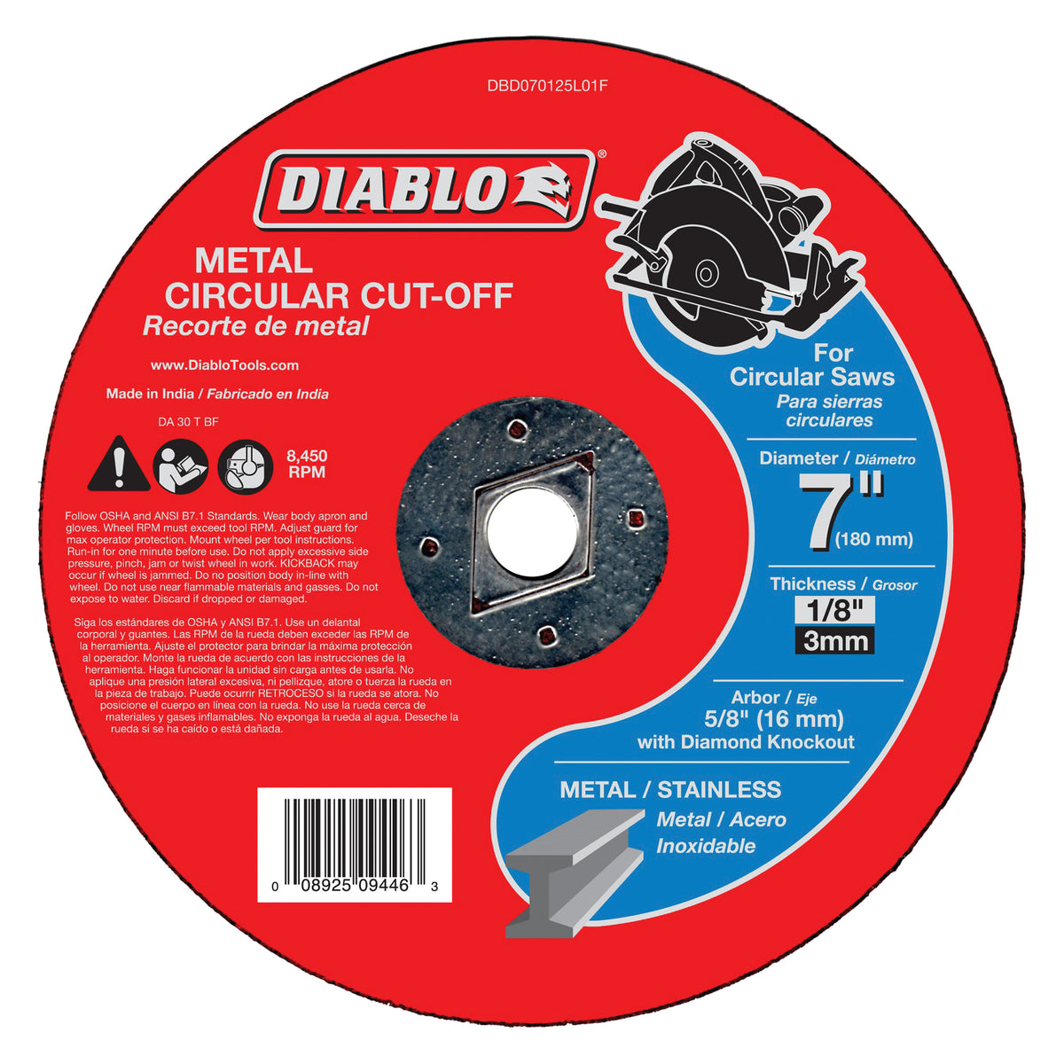 Diablo DBD070125L01F Cut-Off Wheel, 7 in Dia, 1/8 in Thick, 5/8 in Arbor, Aluminum Oxide Abrasive