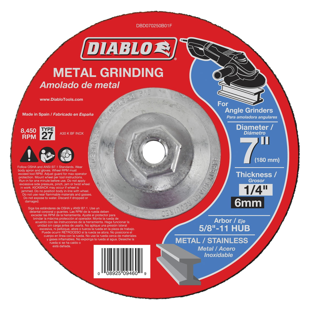 Diablo DBD070250B01F Grinding Wheel, 7 in Dia, 1/4 in Thick, 5/8-11 in Arbor, Aluminum Oxide Abrasive