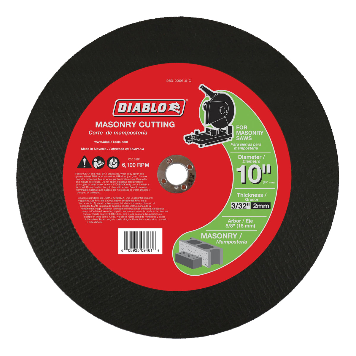 Diablo DBD100093L01C Cut-Off Disc, 10 in Dia, 3/32 in Thick, 5/8 in Arbor, Aluminum Oxide Abrasive