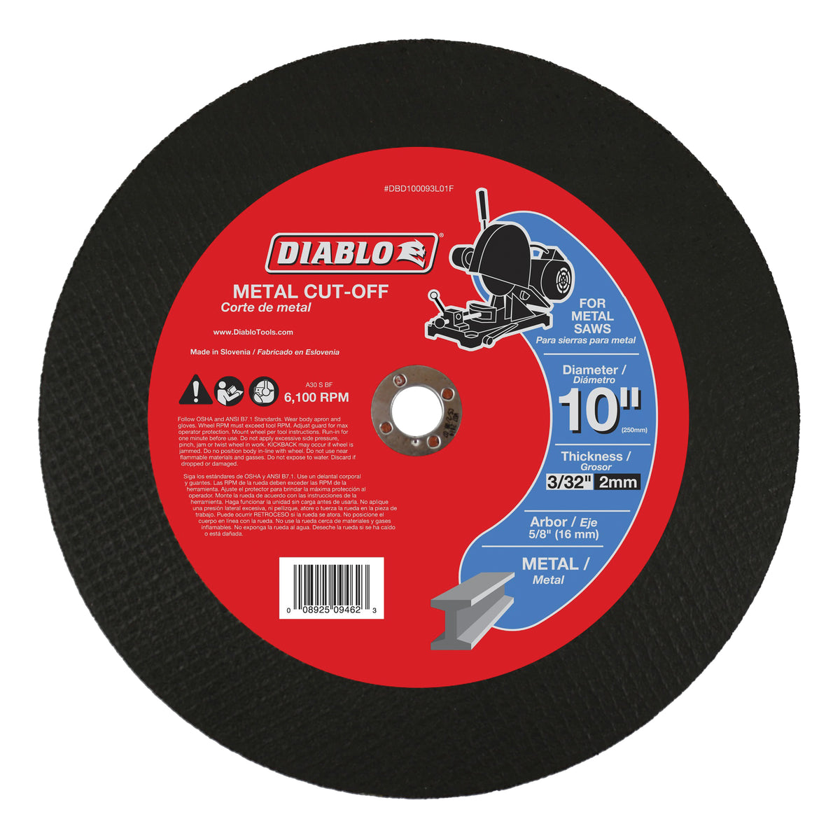 Diablo DBD100093L01F Cut-Off Disc, 10 in Dia, 3/32 in Thick, 5/8 in Arbor, Aluminum Oxide Abrasive