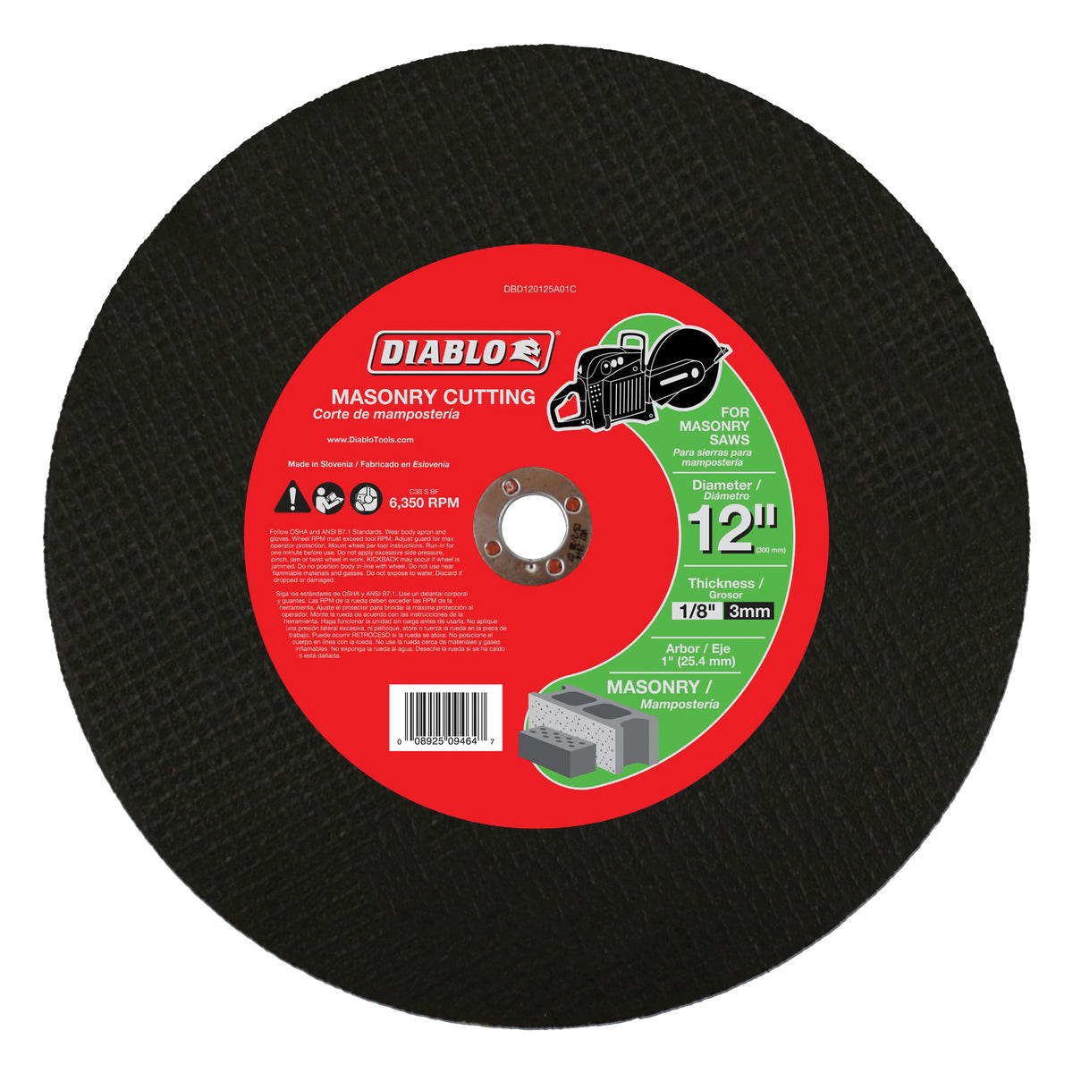 Diablo DBD120125A01C Cut-Off Wheel, 12 in Dia, 1/8 in Thick, 1 in Arbor, Aluminum Oxide Abrasive