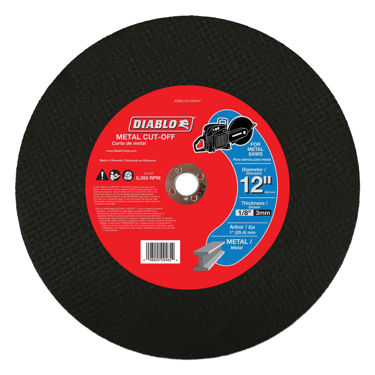 Diablo DBD120125A01F Cut-Off Wheel, 12 in Dia, 1/8 in Thick, 1 in Arbor, Aluminum Oxide Abrasive