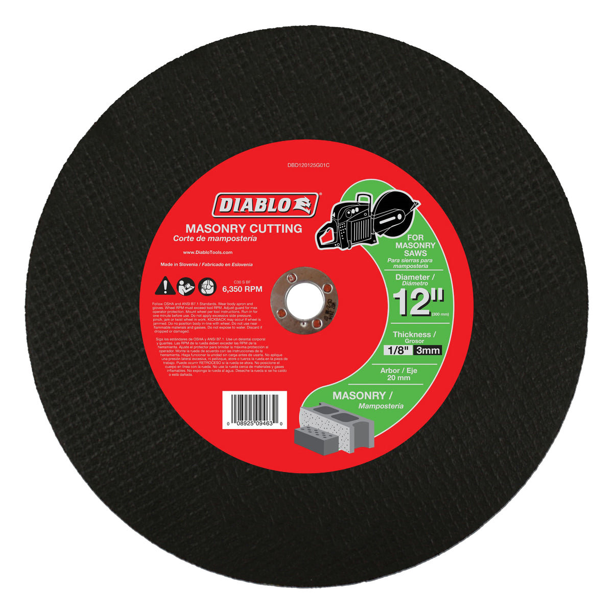Diablo DBD120125G01C Cut-Off Wheel, 12 in Dia, 1/8 in Thick, 3/4 in Arbor, Aluminum Oxide Abrasive
