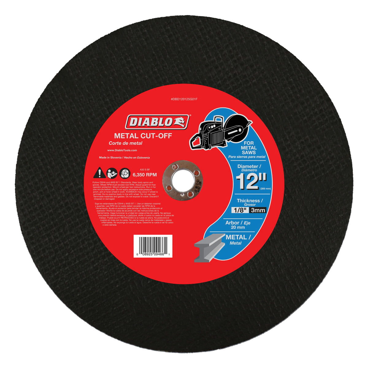 Diablo DBD120125G01F Cut-Off Wheel, 12 in Dia, 1/8 in Thick, 3/4 in Arbor, Aluminum Oxide Abrasive