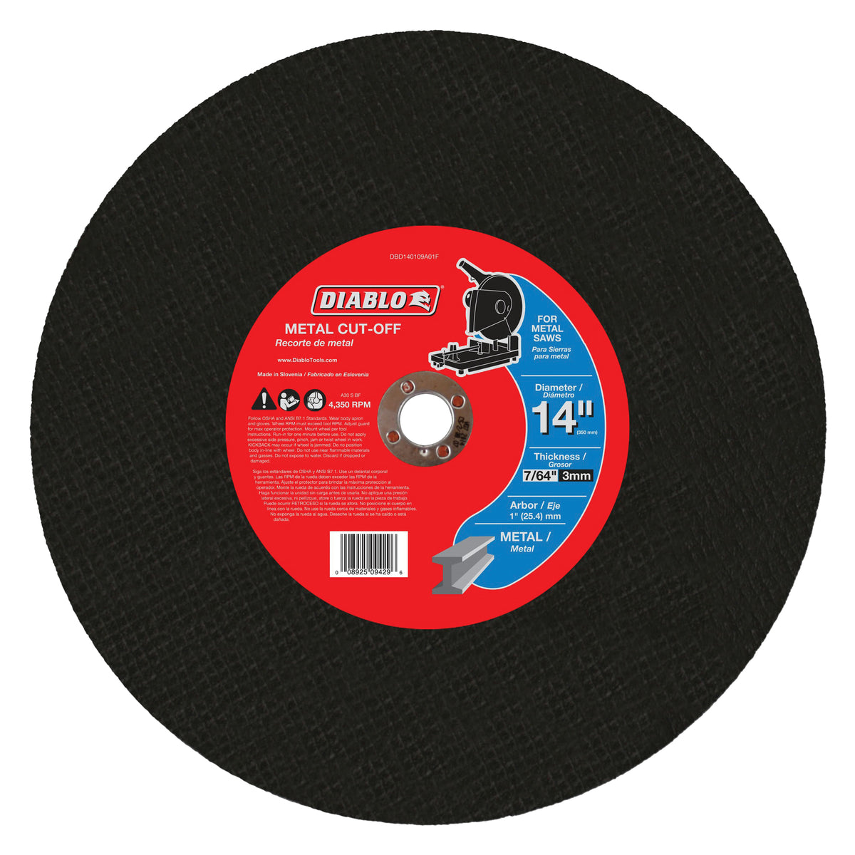 Diablo DBD140109A01F Cut-Off Wheel, 14 in Dia, 7/64 in Thick, 1 in Arbor, Aluminum Oxide Abrasive