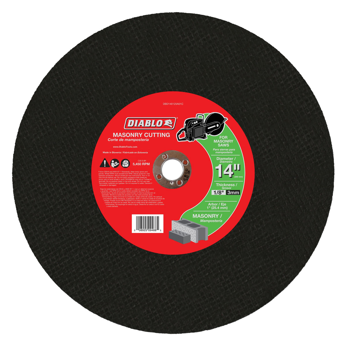 Diablo DBD140125A01C Cut-Off Disc, 14 in Dia, 1/8 in Thick, 1 in Arbor, Aluminum Oxide Abrasive