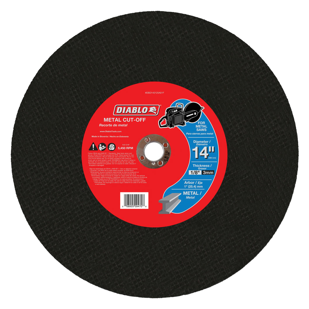 Diablo DBD140125A01F Cut-Off Disc, 14 in Dia, 1/8 in Thick, 1 in Arbor, Aluminum Oxide Abrasive