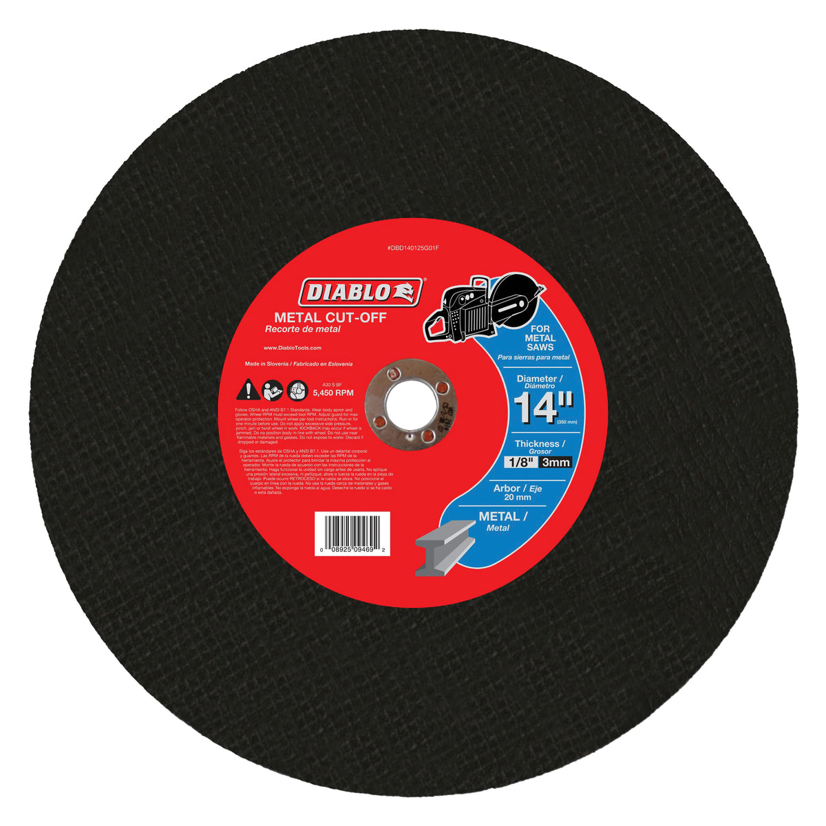 Diablo DBD140125G01F Cut-Off Wheel, 14 in Dia, 1/8 in Thick, 3/4 in Arbor, Aluminum Oxide Abrasive