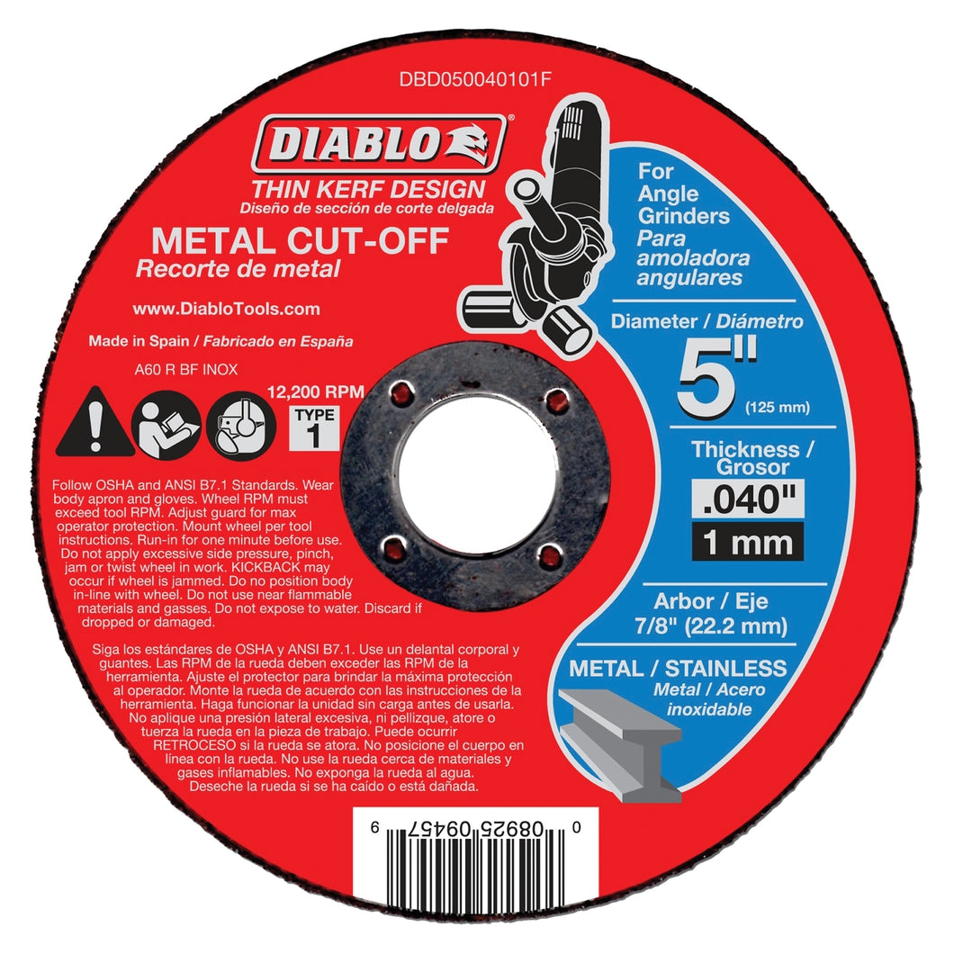 Diablo DBD050040101F Cut-Off Wheel, 5 in Dia, 0.04 in Thick, 7/8 in Arbor, Aluminum Oxide Abrasive