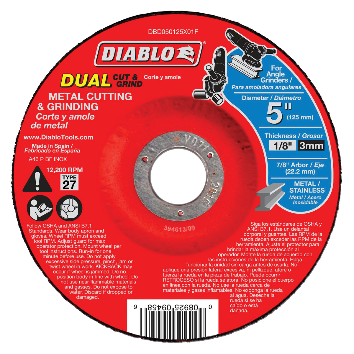 Diablo DBD050125X01F Cut and Grind Wheel, 5 in Dia, 1/8 in Thick, 7/8 in Arbor, Aluminum Oxide Abrasive