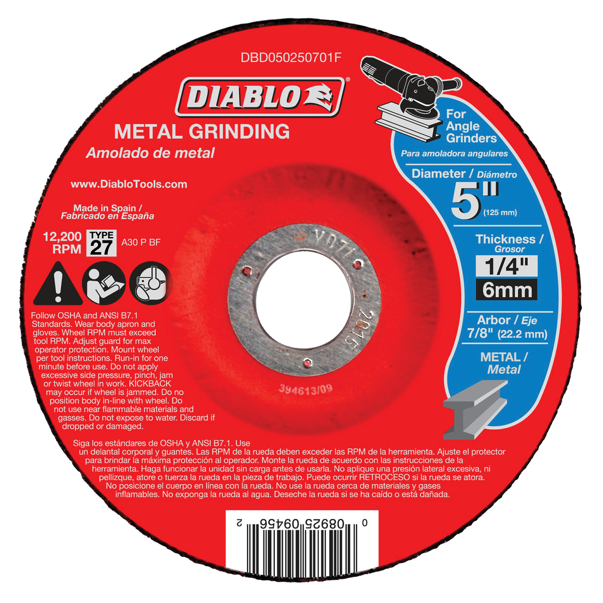 Diablo DBD050250701F Grinding Wheel, 5 in Dia, 1/4 in Thick, 7/8 in Arbor, Aluminum Oxide Abrasive