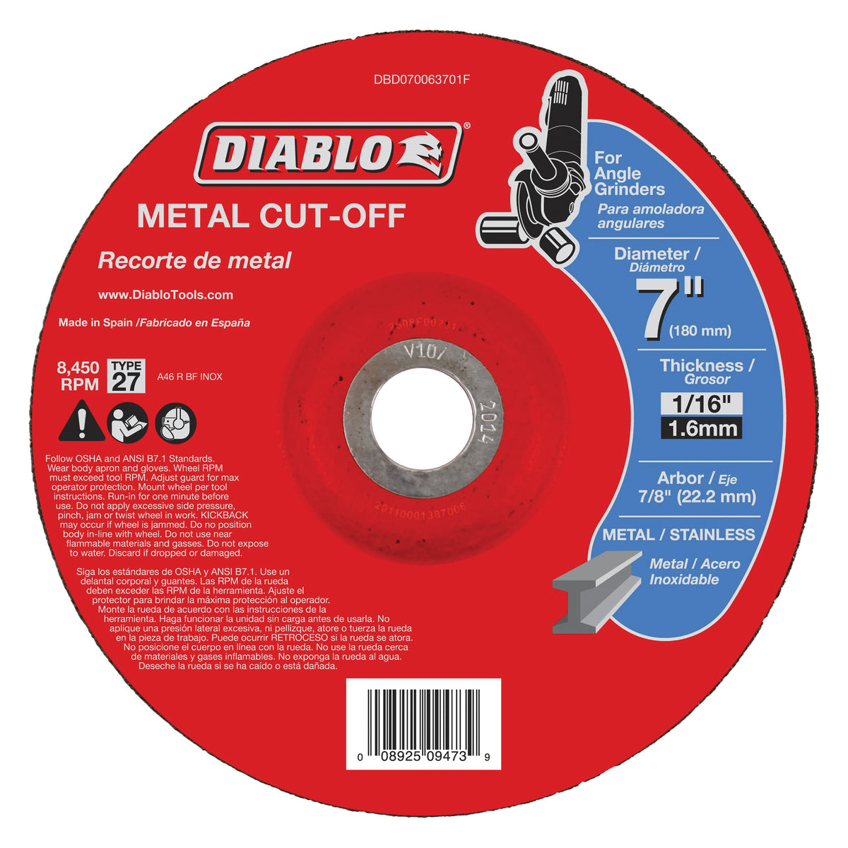 Diablo DBD070063701F Cut-Off Wheel, 7 in Dia, 1/16 in Thick, 7/8 in Arbor, Aluminum Oxide Abrasive