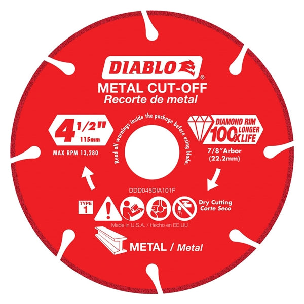 Diablo DDD045DIA101F Cut-Off Blade, 4-1/2 in Dia, 7/8 in Arbor, Continuous Rim