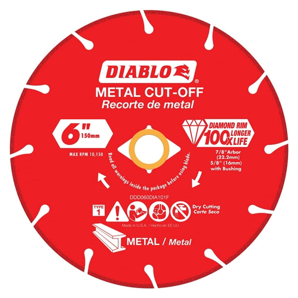 Diablo DDD060DIA101F Cut-Off Blade, 6 in Dia, 5/8, 7/8 in Arbor, Continuous Rim