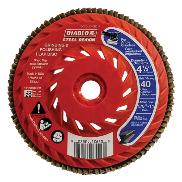 Diablo DCX045040B01F Flap Disc, 4-1/2 in Dia, 5/8-11 Arbor, 40 Grit, Ultra Coarse, Zirconium Abrasive