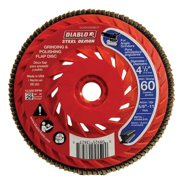 Diablo DCX045060B01F Flap Disc, 4-1/2 in Dia, 5/8-11 Arbor, 60 Grit, Coarse, Zirconium Abrasive