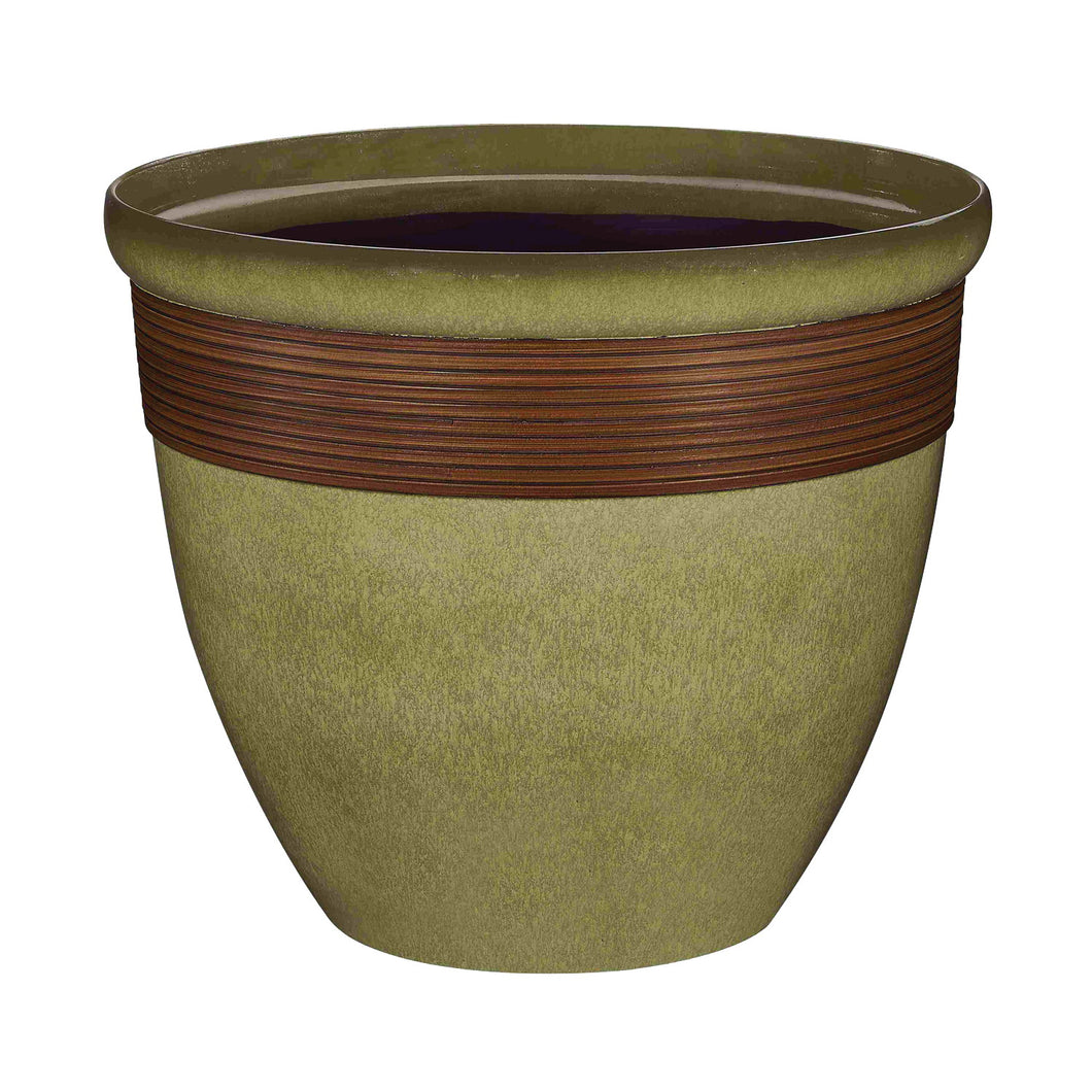 Landscapers Select Tall Wave Planter, 15 in Dia, Round, Resin, Olive Green with Wood Accent