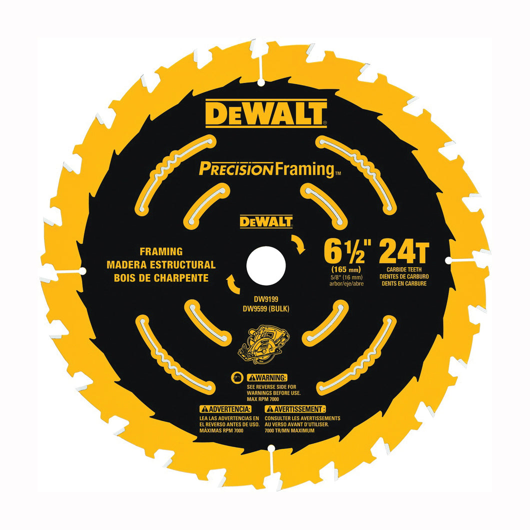 DeWALT Precision Framing DW9199 Saw Blade, 6-1/2 in Dia, 5/8 in Arbor, 24-Teeth, Carbide Cutting Edge