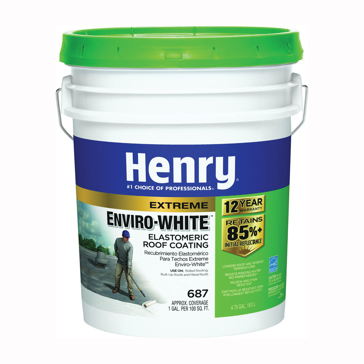 Henry HE687406 Elastomeric Roof Coating, White, 5 gal Pail, Cream