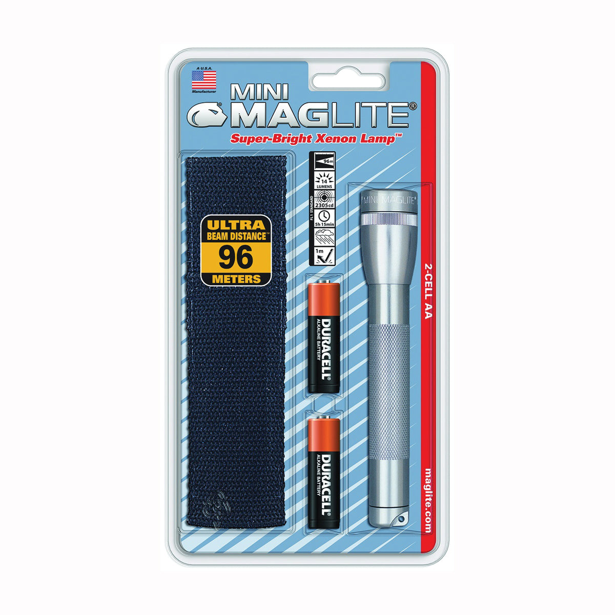 MAGLITE M2A09H Flashlight, AA Battery, Alkaline Battery, Incandescent Lamp, 14 Lumens, Flood to Spot Beam, Gray