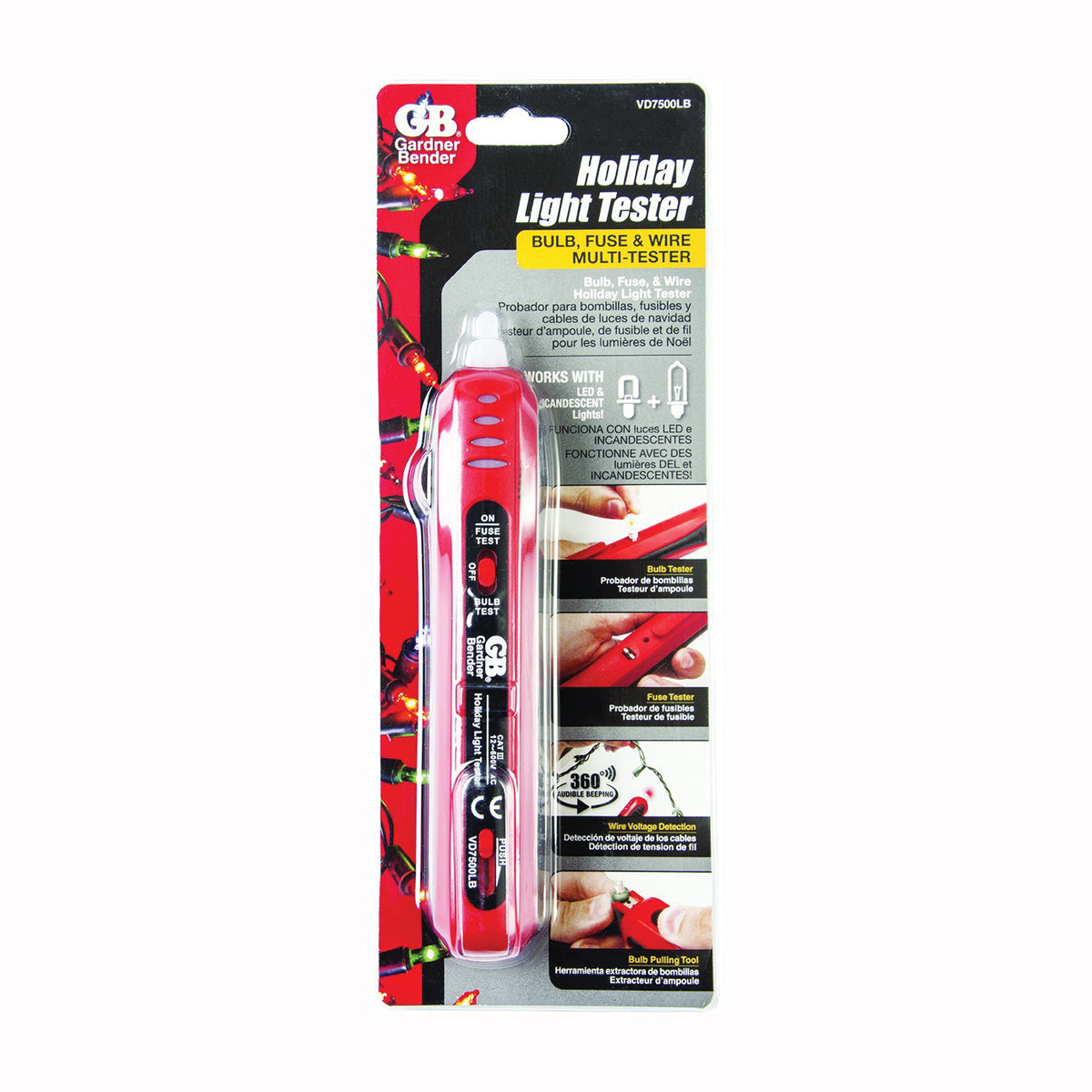 GB VD7500LBCS Holiday Lights Tester, Functions: AC Voltage, Red