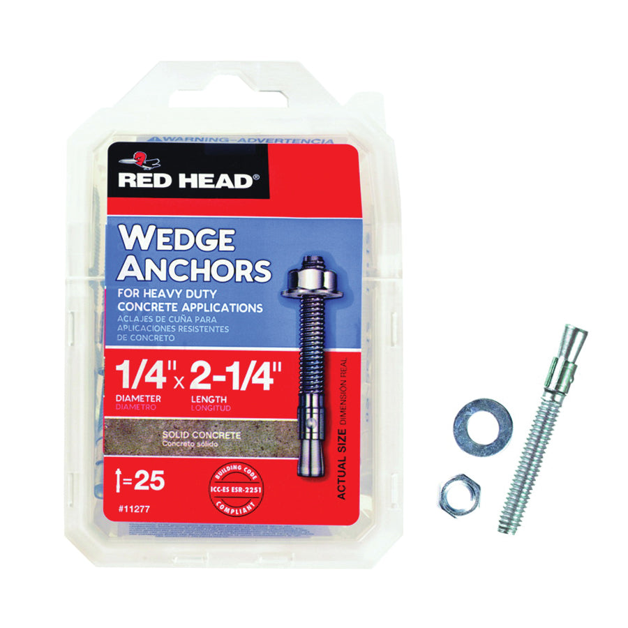RED HEAD 11277 Wedge Anchor, 1/4 in Dia, 2-1/4 in L, Steel, Zinc