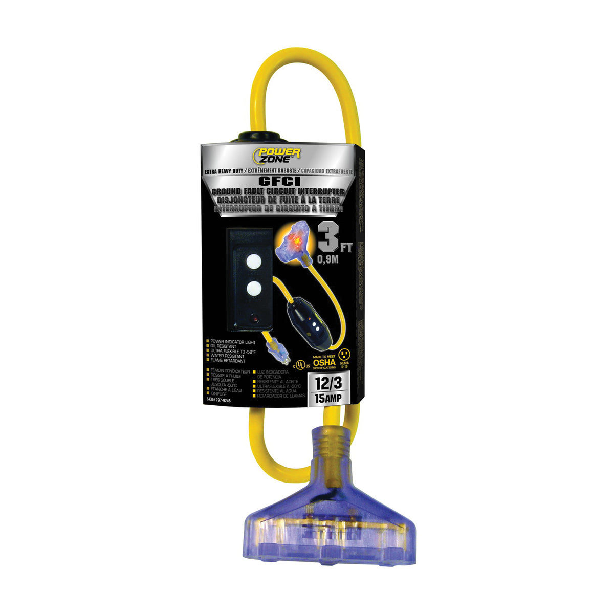PowerZone ORG320803 Outlet Adapter, 3 ft Cable, 3 ft L, 15 A, 125 V, Yellow