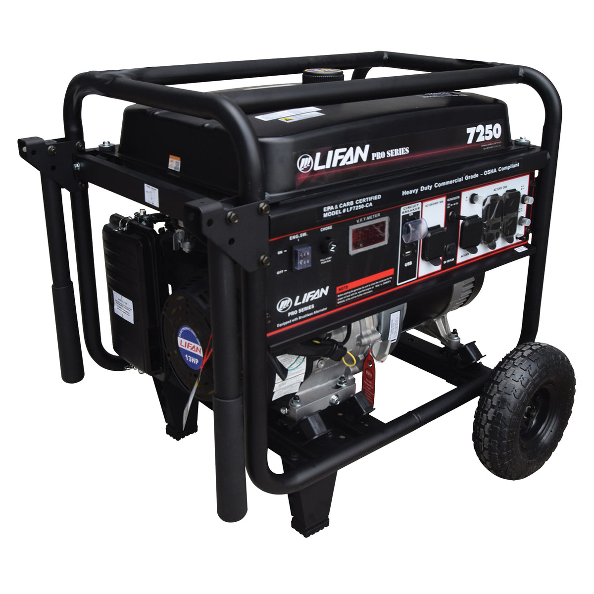 LIFAN LF7250 Generator, 50 A, 120/240 V, 7250 W Output, Unleaded Gas, 7.5 gal Tank, 12 hr Run Time, Recoil Start