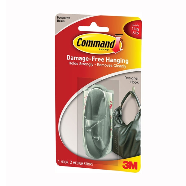 Command 17081-BN Designer Hook, 3 lb, 1-Hook, Plastic, Brushed Nickel