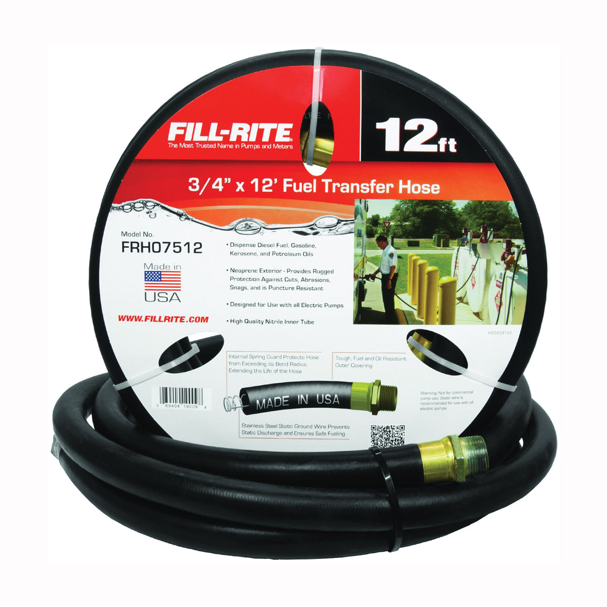 Fill-Rite FRH07512 Fuel Transfer Hose Male, 12 ft L, 50 psi Pressure, Neoprene, Black